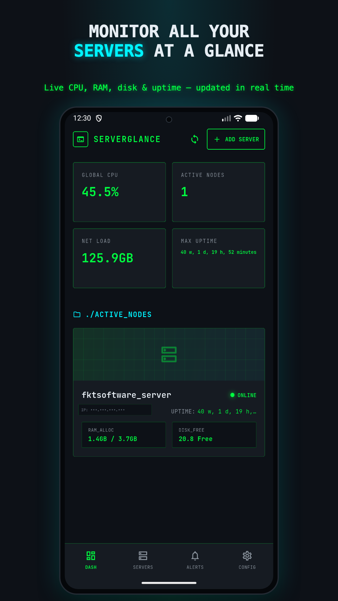 ServerGlance for Android dashboard showing live CPU, RAM, net load and uptime