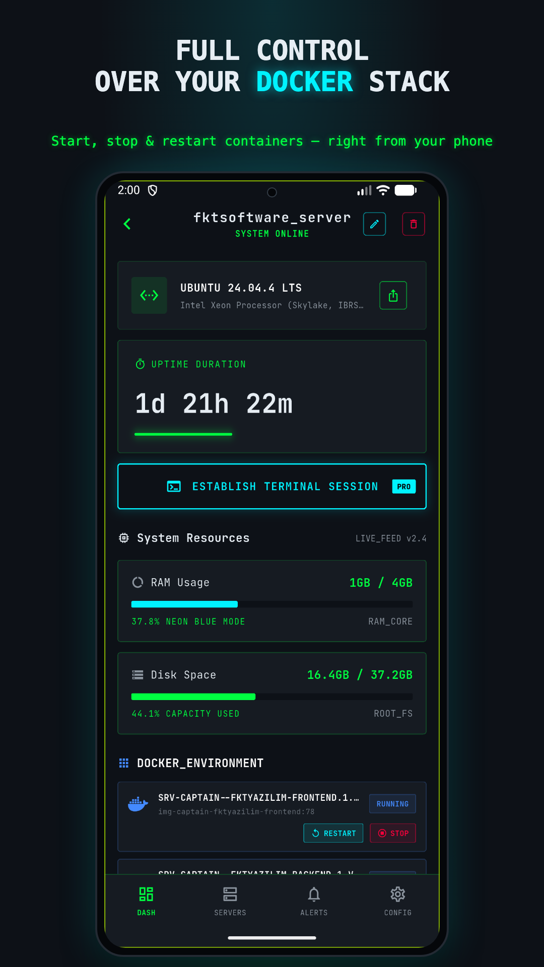 ServerGlance for Android server detail screen with Docker container controls