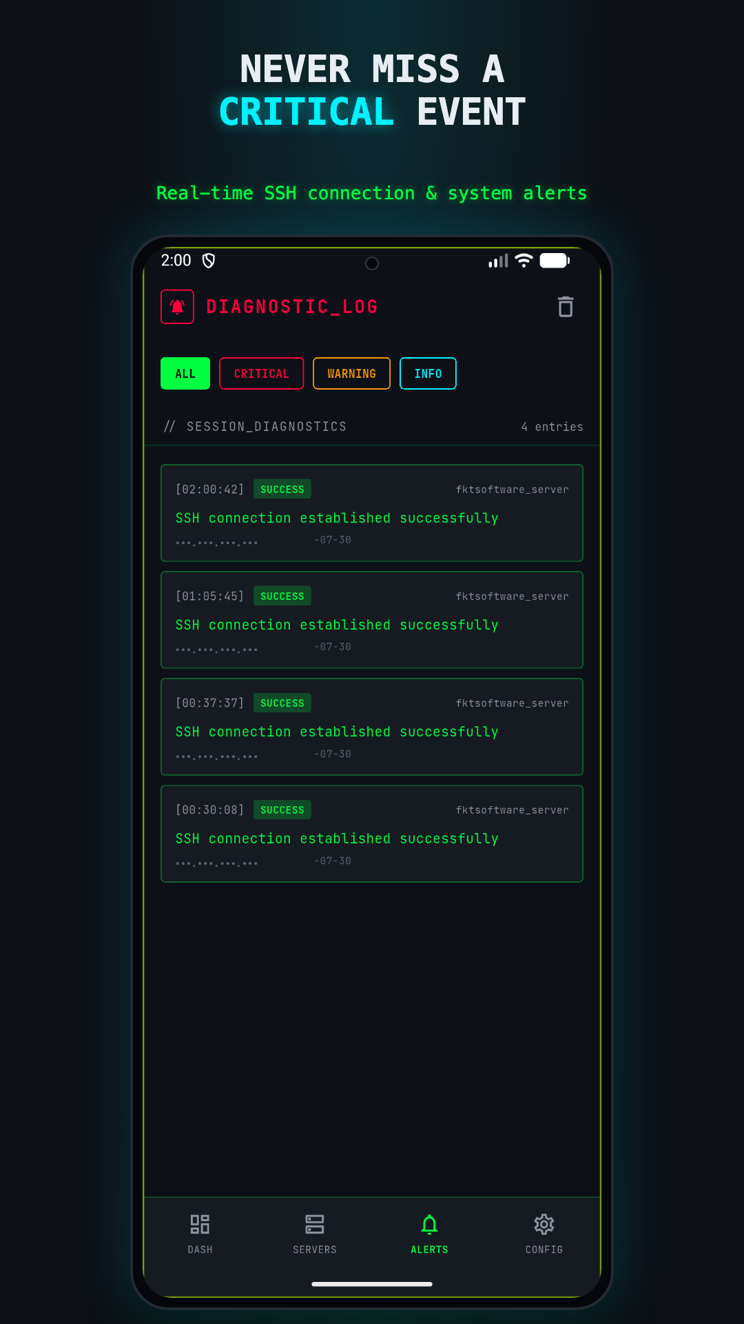 ServerGlance for Android alert log with critical, warning and info filters