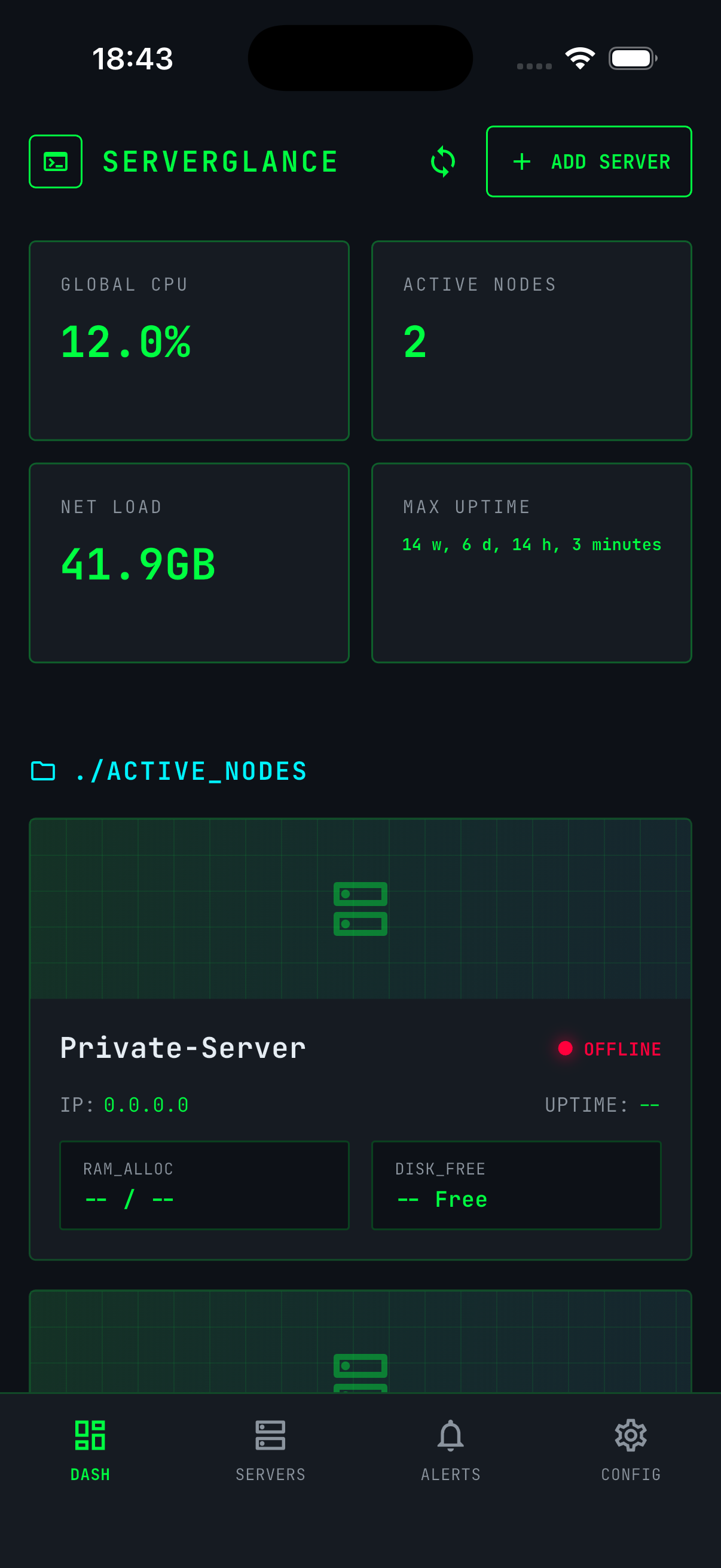 Server Glance Mobile Dashboard showing CPU and RAM usage