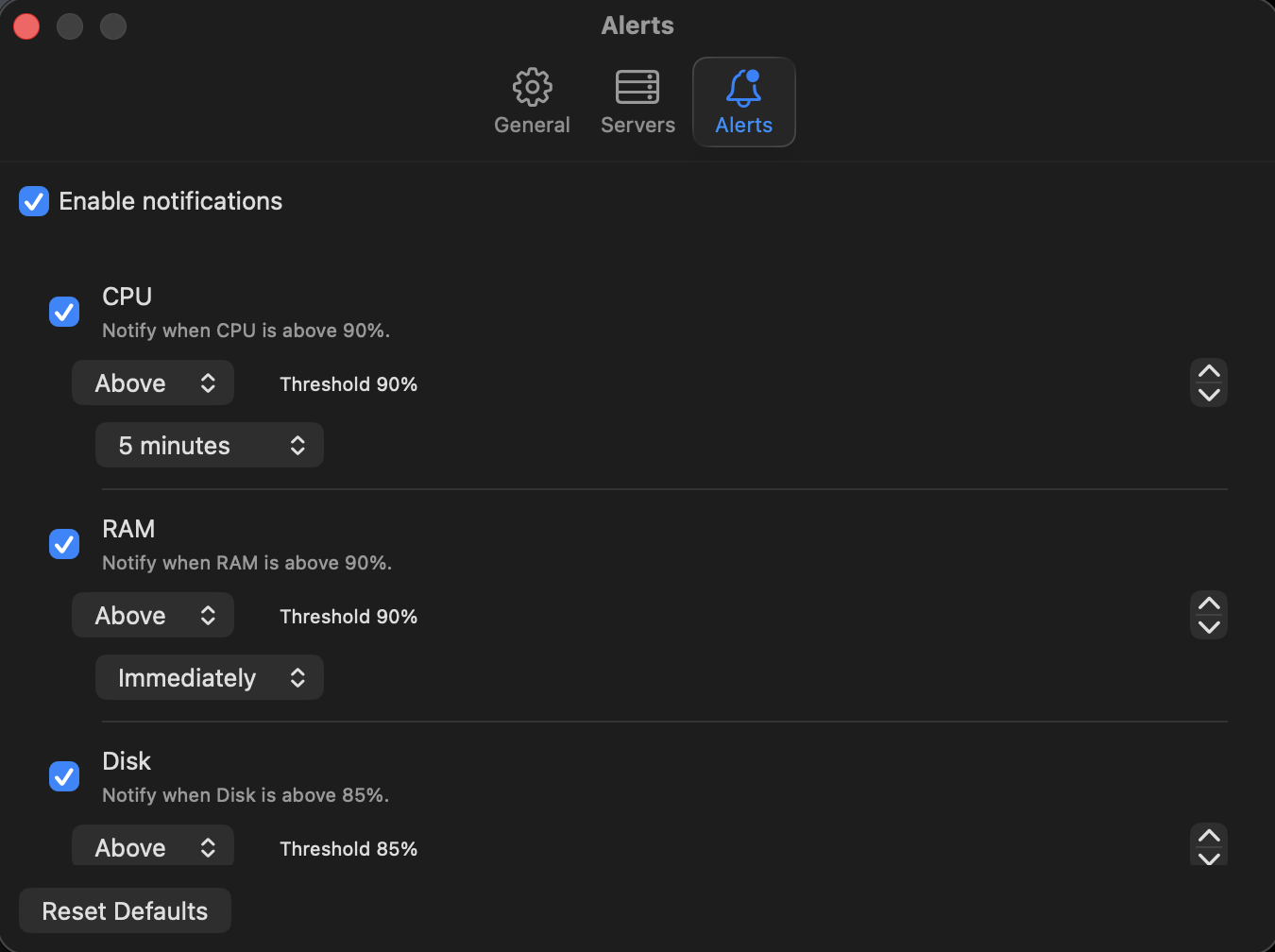 Alerts Settings tab showing CPU, RAM, and disk threshold configuration