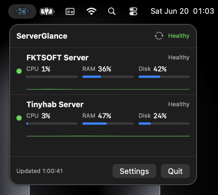 Server Glance Mac menu bar panel showing real-time server metrics