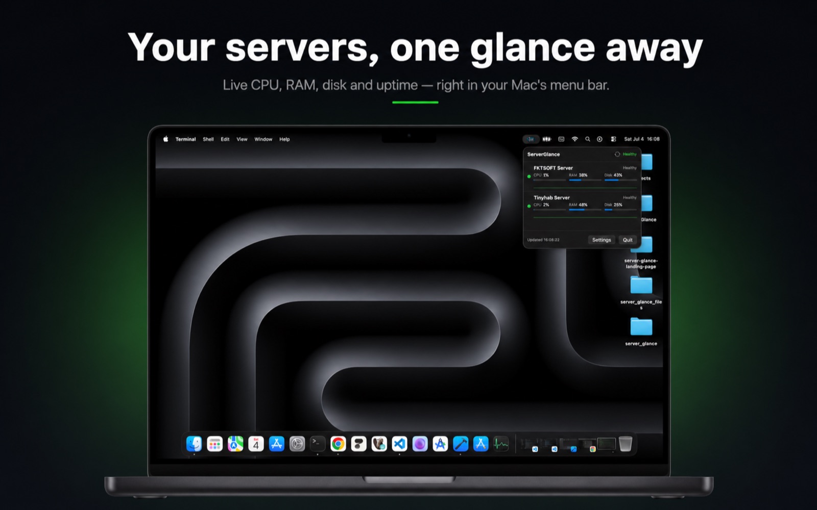 ServerGlance menu bar panel showing live CPU, RAM and disk metrics for multiple servers