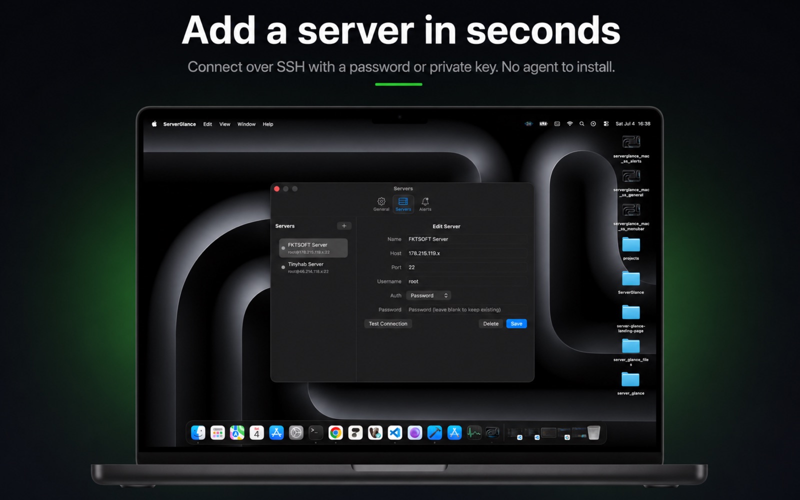Adding a server over SSH with password or private key in ServerGlance settings