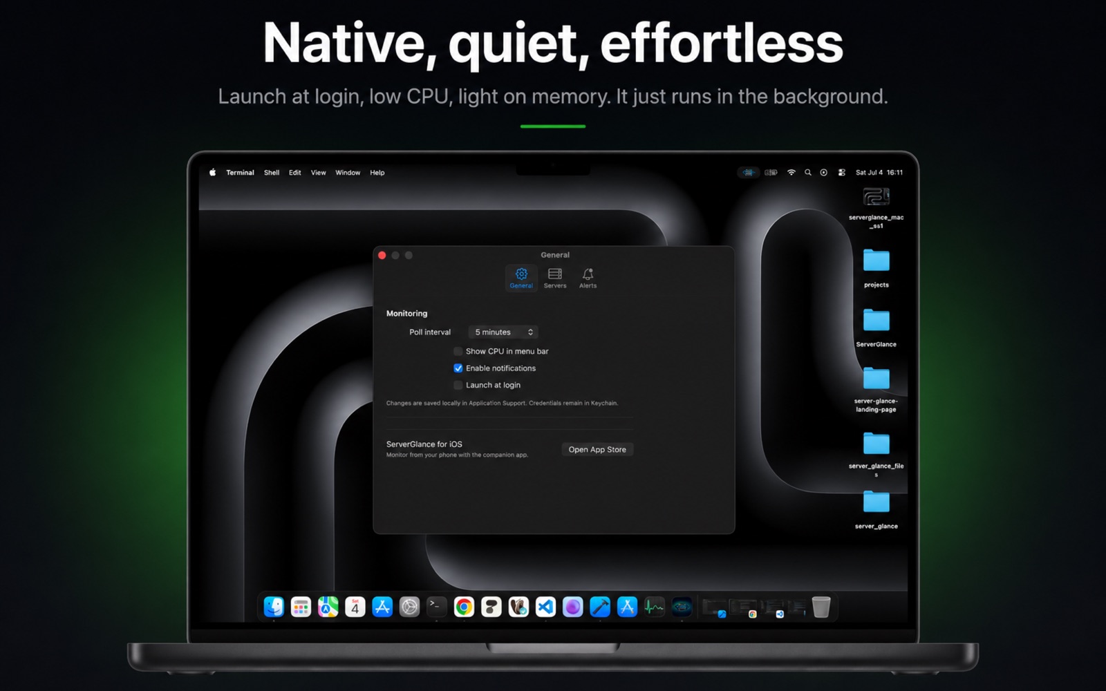 ServerGlance general settings — launch at login, native and lightweight