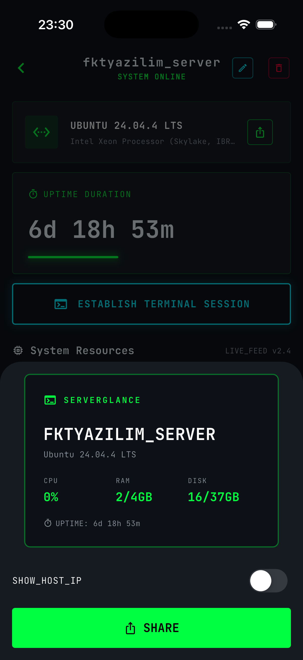 Sharing a server's live status as a styled card from Server Glance