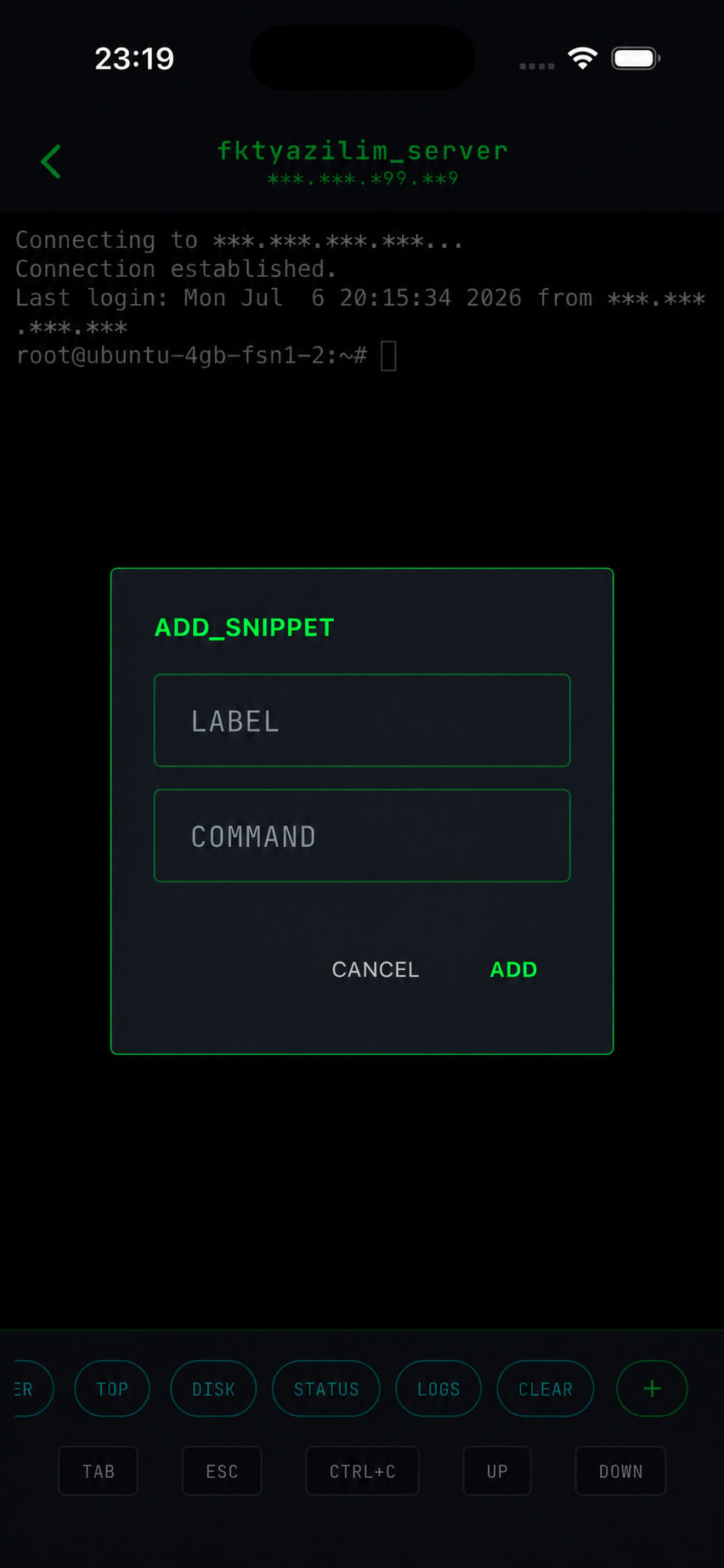 Custom quick-command snippet bar above the SSH terminal keyboard